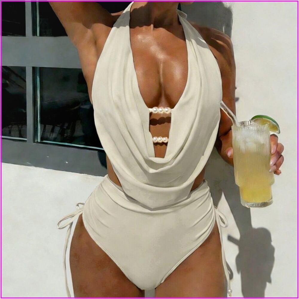 Apricot Women's Deep Cowl V Neck Pearl Detail Tie Tankini 2 Piece Swimsuit
